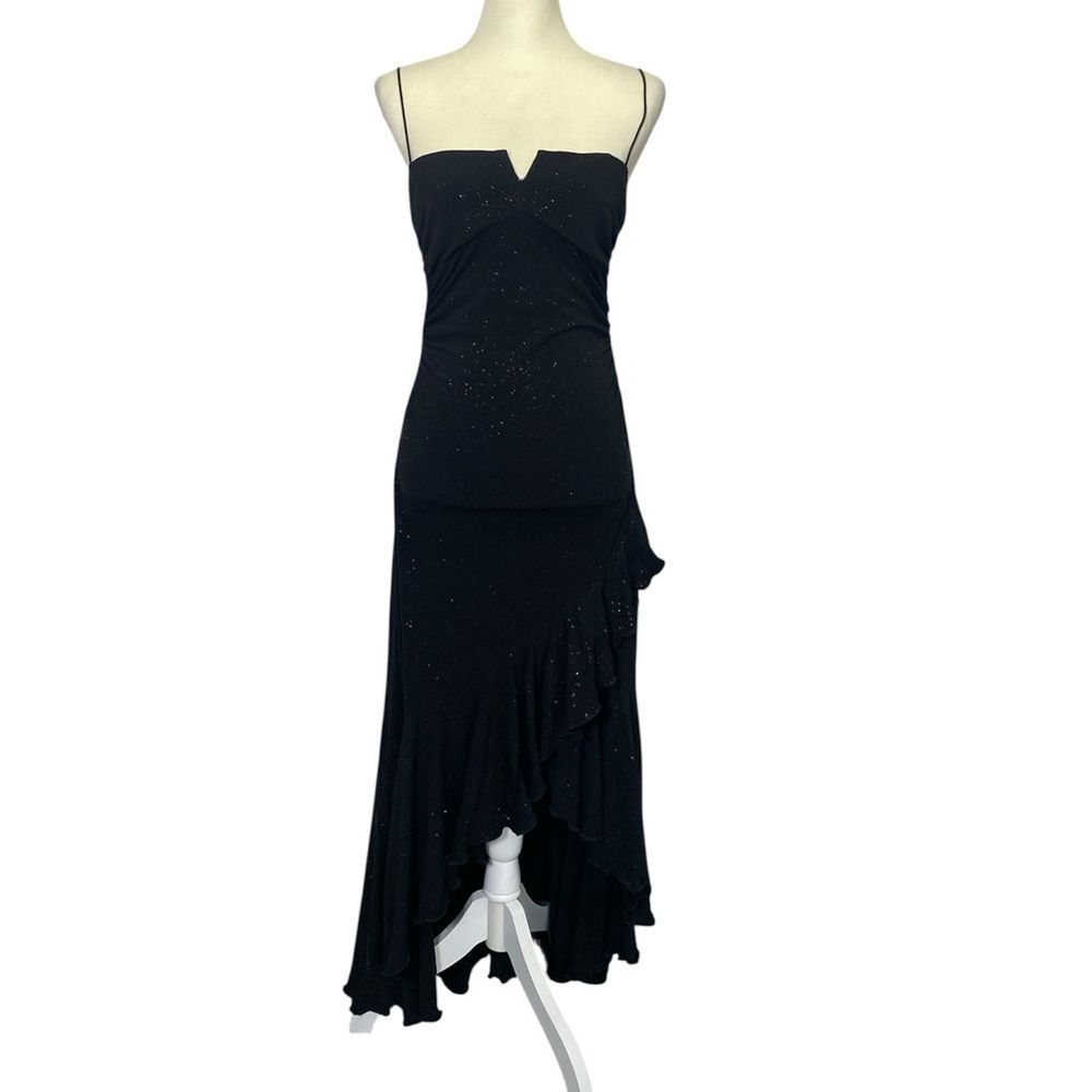 Vintage Y2K City Triangles Black Glitter High Low Asymmetrical Prom Dress Size M